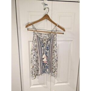 LUQ Women's Boho Spaghetti Strap Tank Top Floral Tassel Off White Pink Blue Sz L